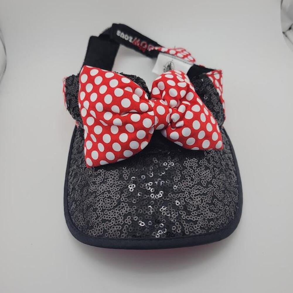 Disney Minnie Mouse Hat Visor Strap Back Black Red Sequin Polka Dot Bow Womens